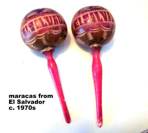 Pair Maracas, Vintage C. 1970s El Salvador Wood Handled Gourds