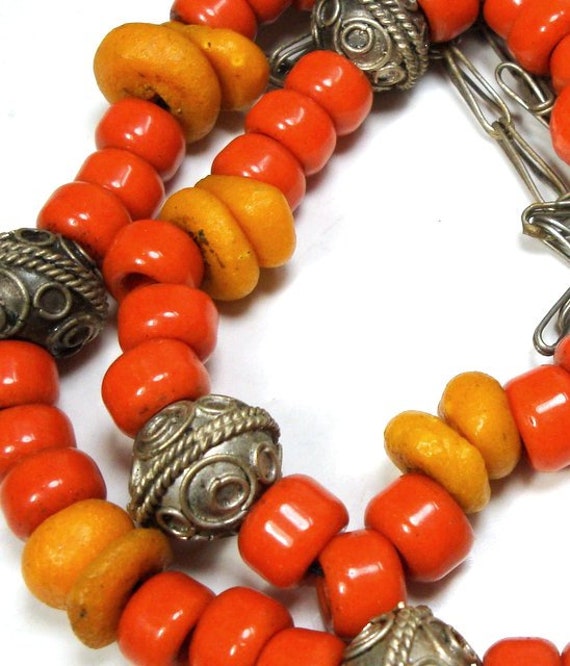 Tribal Orange & Yellow Glass Bead Necklace w Silv… - image 6