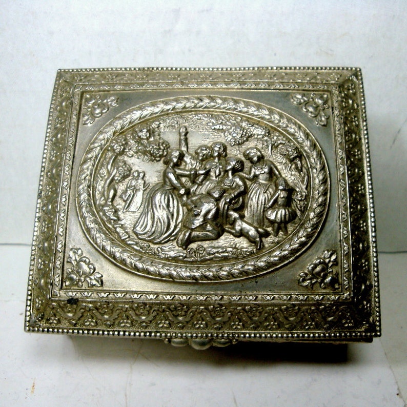 1950s Post War Metal Hinged Box Red Lining Ornate French Style Silver Dresser Box Rococco Style Renaissance Garden Party Jewelry Box