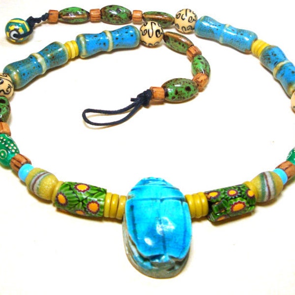 Egyptian Scarab Pendant in Turquoise Blue Faience, Green, Tan Ceramic Beads, African Venetian Glass Trade Beads, Etc. OOAK Necklace, R Starr