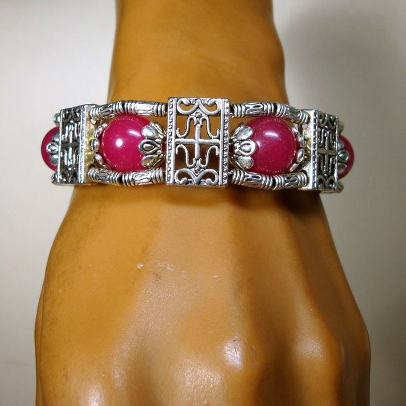 Tibetan Silver & RASPberry Dyed Jade Bead Bracelet, Lobster Catch Closure image 10