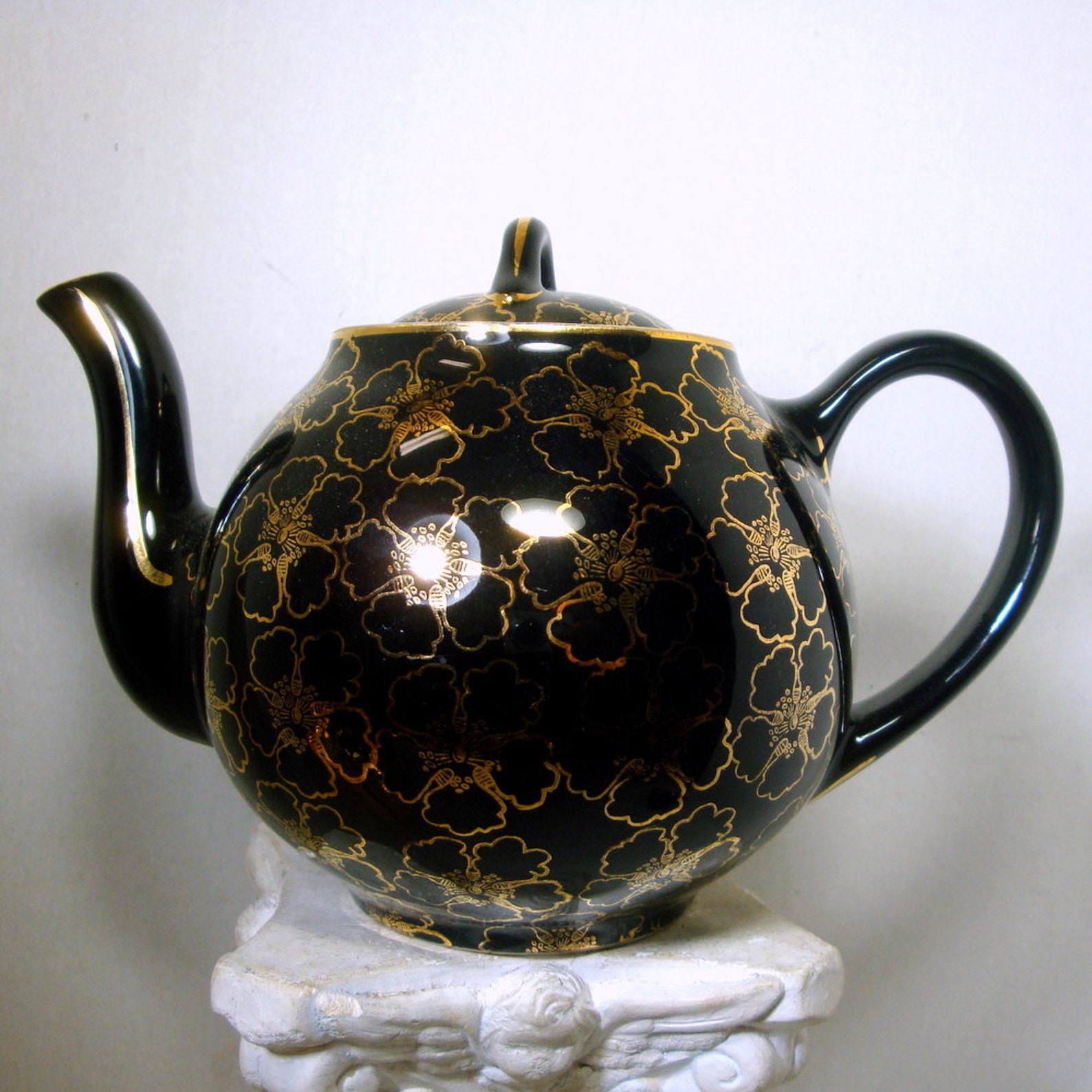 Vintage HALL Black Teapot Gold Flower Blossoms Style 050 6 Etsy