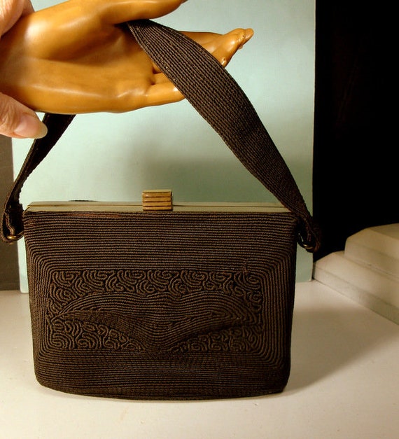 1940s Dark Chocolate Brown CORDE' Boxy Handbag wi… - image 5