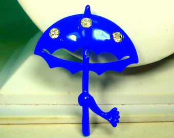 Vintage Cobalt Blue Umbrella Brooch: Rhinestone Raindrops, Enamel Pin