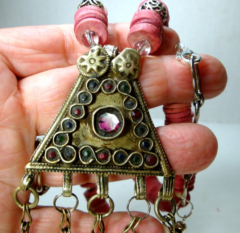 60s Kuchi Koochi Tribal Amulet OOAK Necklace by Rachelle Starr VERY Long Metal Fringes w Peach Ceramic Disc Beads /& Silver Metal Accents
