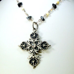Rhinestone on Pewtertone Christian Cross Pendant on Stone and Glass Bead Chain, Gothic  Religious Necklace, OOAK My Combo