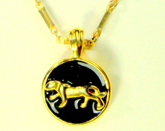 Panther Pendant on Retro Goldtone Metal Chain Necklace, Recycled, Black Enamel round Amulet w Great Cat Silhouette, King of the Jungle Cats