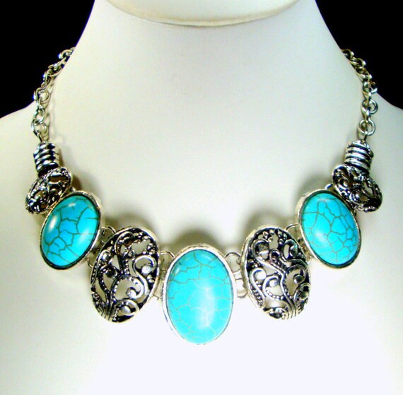 Turquoise & Silver Color Linked  Bib on Chain Nec… - image 6