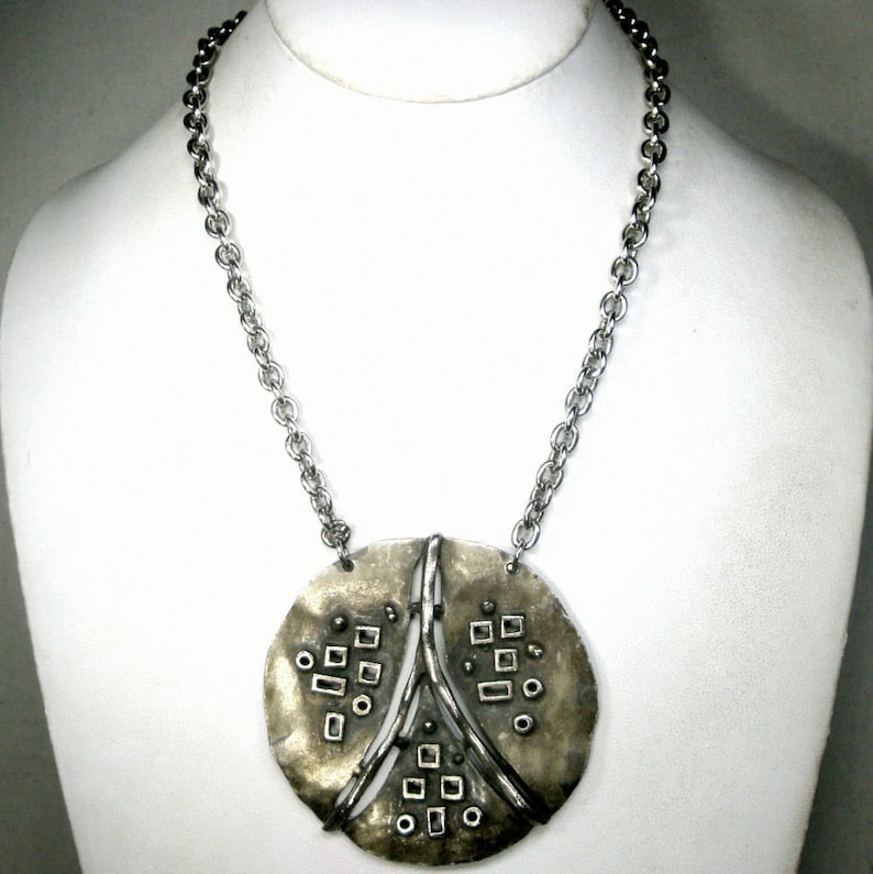 Modernist Silver Amulet on Shinier Silvertone Metal Chain Geometric but Tribal Necklace 1960s Mid Century Art Deco Brutalist Space Race
