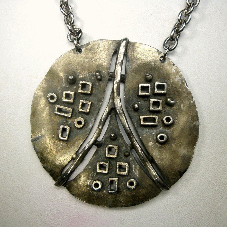 Modernist Silver Amulet on Shinier Silvertone Metal Chain Geometric but Tribal Necklace 1960s Mid Century Art Deco Brutalist Space Race