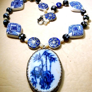 Blue & White Porcelain Pendant Necklace: Evil Eye Protection, Mother of Pearl