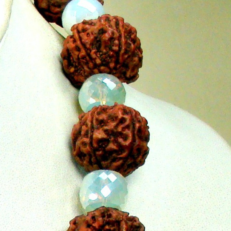 5 Mukhi Rudraksha Sacred Bead Necklace Seeds /& Faceted Opalescent Milk Glass Beads OOAK by Rachelle Starr For The Spiritual Warrior