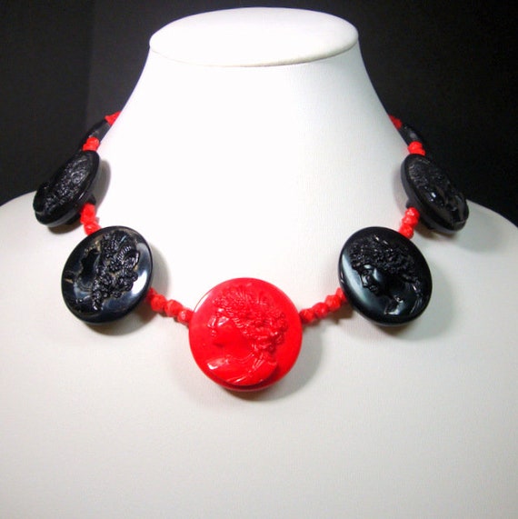 Dramatic Cameo Choker Necklace, Red & Black Art De