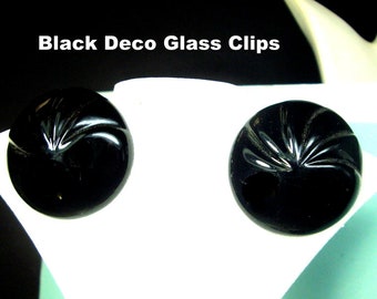 Art Deco Black Glass Earrings, Round Button Clip ons, 1950s  Classic