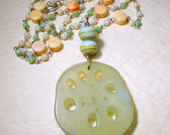 Celedon Sou Chou JADE Lotus Root Slice Pendant on Long Linked Glass Bead Chain Necklace, OoAk  By Rachelle Starr Blaxberg