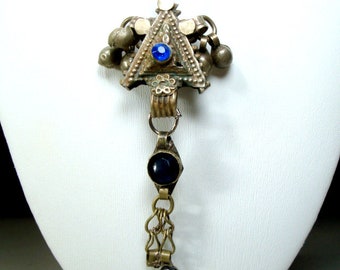 SALE, Tribal Silver Metal & Blue Rhinestone Dangly Pendant on Chain Necklace, 1970s Mid East Purchase