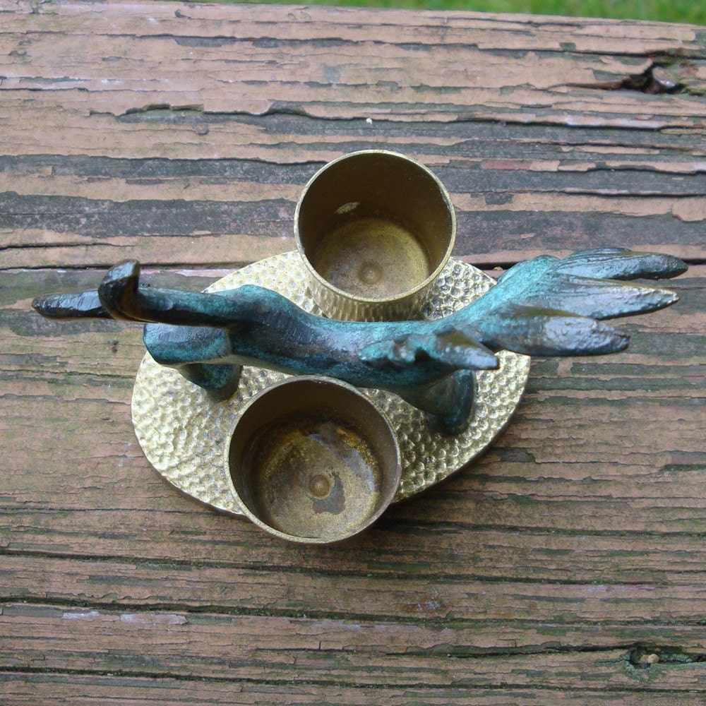 Vintage Brass Horse Toothpick Holder: Green Enamel Mohawk, Made in