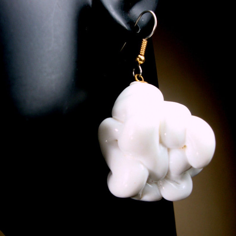 SALE, Big White Dangle Earrings, 1970s Resin Handmade Popcorn Shape Balls, My Design Back then, OOAK, Rachelle Starr image 2