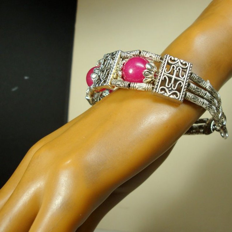 Tibetan Silver & RASPberry Dyed Jade Bead Bracelet, Lobster Catch Closure image 4