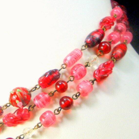 LONG Red & Pink ART Glass Bead Linked 54" Necklac… - image 9