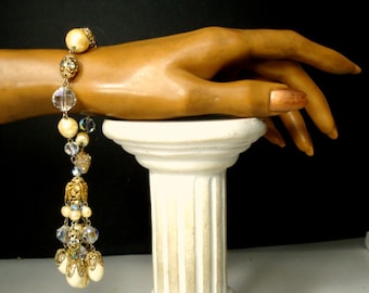 Faceted Crystal, Pearls & Filigree Gold VERY GLAM Beaded Giant Tassel Bracelet, Recycled