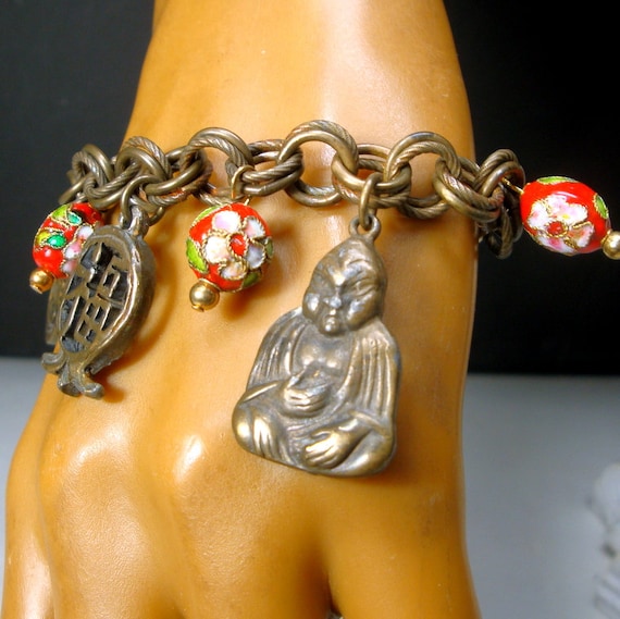 Asian Buddha Charm Bracelet with Red Cloisonne Beads & 5 Etsy