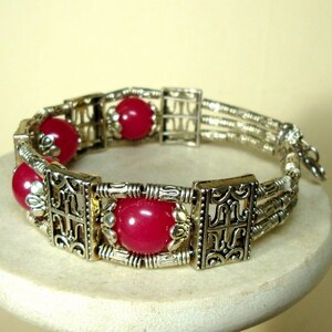 Tibetan Silver & RASPberry Dyed Jade Bead Bracelet, Lobster Catch Closure image 3