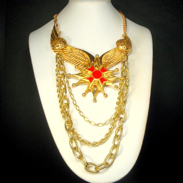 IRON CROSS Gold Chain Linked Bib Necklace, OOAK Rachelle Starr My Recycled Combo, Warrior Breastplate w Wings & Red Enamel