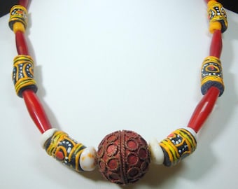 Red Horn Tube Bead Necklace: African Krobo Glass & Puka Shells - Etsy
