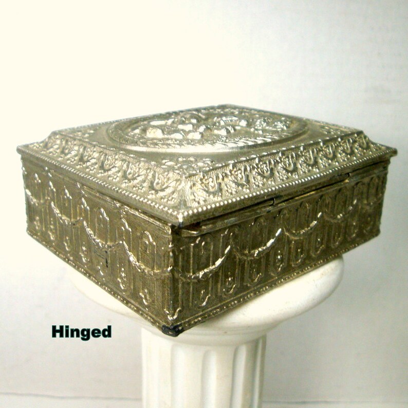 1950s Post War Metal Hinged Box Red Lining Ornate French Style Silver Dresser Box Rococco Style Renaissance Garden Party Jewelry Box