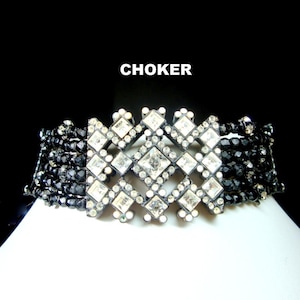 SEXY BLACK Bondage Choker Necklace, Shiny Rhinestone Center & 6 BLACK Glass Rows, Adjustable Length, HollyWood, 1980s, 12&quot; to 15&quot; in Length
