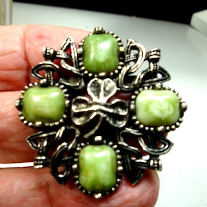 Vintage Celtic Cross Brooch: Shamrock, Green Art Glass, Pewtertone (1980s)