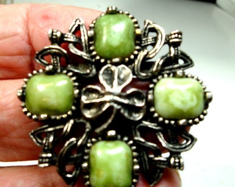 Celtic Quadrate Cross Pin with Shamrock, 1980s Religious Christian Symbol Brooch, Green Glass Stones On Pewtertone Setting