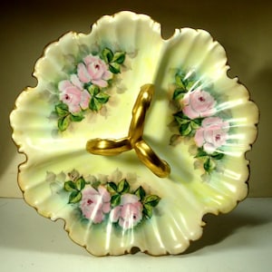 Flowered Serving Dish, C. 1940s, Gilt Edge & Handle, Elegant Pretty Hand Painted Pink Roses, Soft Green Pink Flowered on Off White Porcelain
