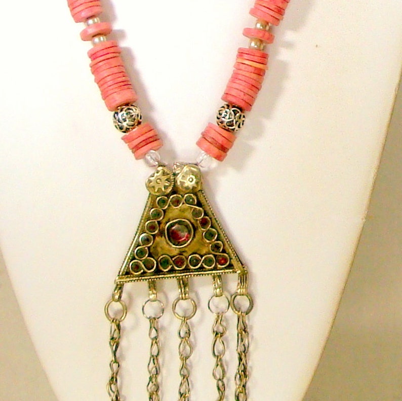 60s Kuchi Koochi Tribal Amulet OOAK Necklace by Rachelle Starr VERY Long Metal Fringes w Peach Ceramic Disc Beads /& Silver Metal Accents