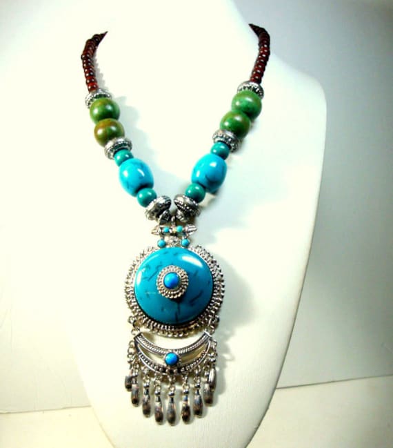 Collier Style Tibétain Frange En Argent - Bleu Turquoise - Neuf Sans Emballage