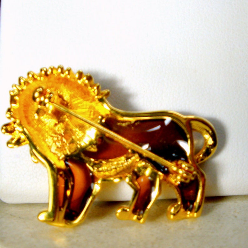Enamel Lion Pin Brown on Goldtone Metal Brooch With White Etsy