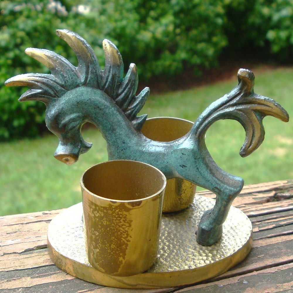 Vintage Brass Horse Toothpick Holder: Green Enamel Mohawk, Made in