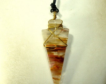 Quartz or Glass Arrowhead, Wire Wrapped On Black Cord, Transparent Clear w Rust & Golden Brown Stripe Markings, AS IS