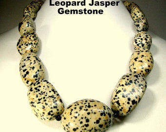 Big Chunky Graduated Leopard Jasper Bead Stone Necklace, Bold Beads , Yes Heavy, Black Glass Beads & Toggle Clasp