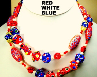 Patriotic Red White Blue Artsy Necklace, Gorgeous Handmade Beads, Long Vintage MOP, Porcelain, Glass, Sterling Catch OOAK BY Rachelle Starr