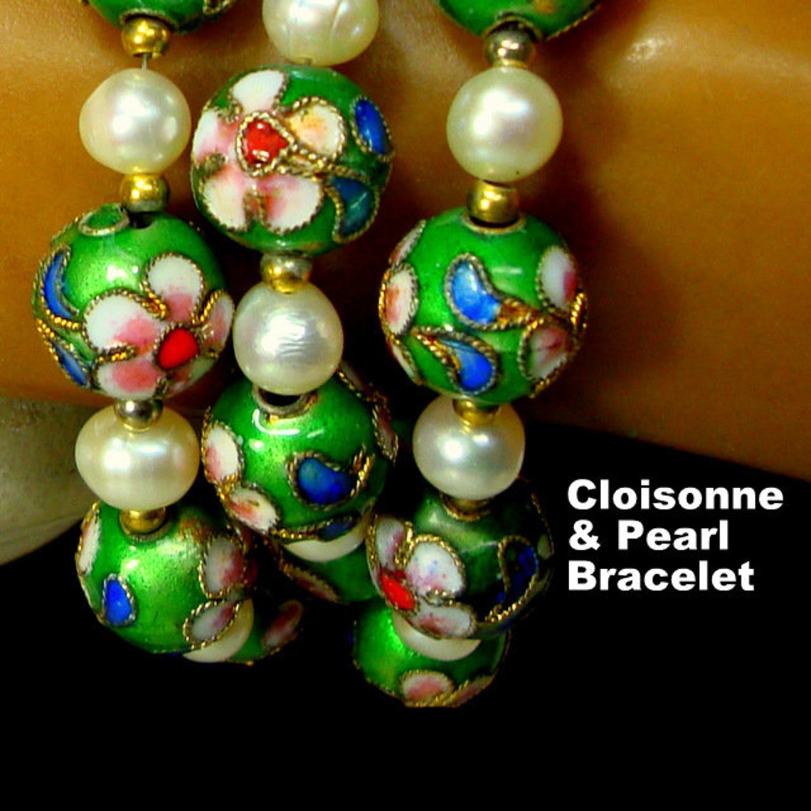 Green Cloisonne Bead Bracelet With White Pearls & Etsy
