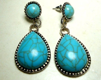 SALE, Turquoise & Silver Color Post with Teardrop Dangle Earring, Southwestern Style, Glass Cabochons on Metal