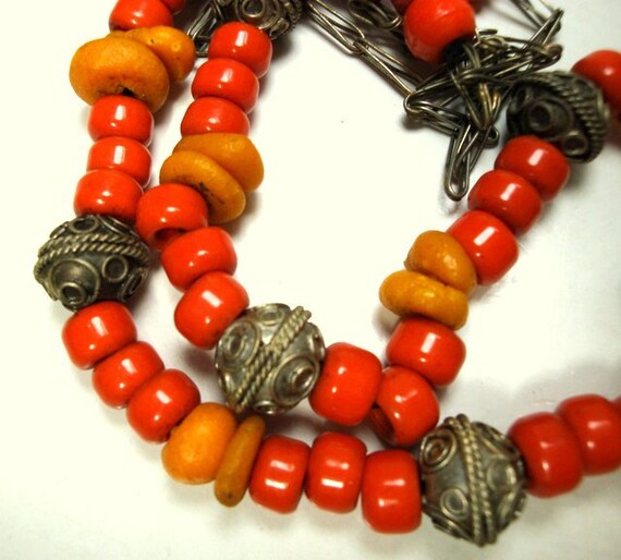 Tribal Orange & Yellow Glass Bead Necklace w Silv… - image 7