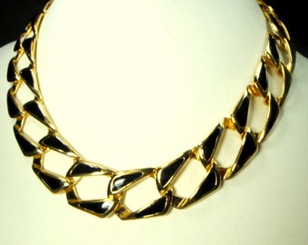 Modernist Black Enamel Link Necklace,  Goldtone Geometric Style Links, Hinged Catch, 1980s