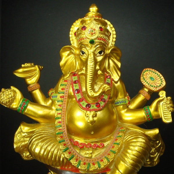 Golden Ganesh Statue With Color Jewels, Ganapati Seated On a Lotus, Elephant Head Indian God of New Beginnings & Remover of Obstacles, Resin