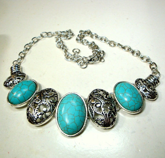 Turquoise & Silver Color Linked  Bib on Chain Nec… - image 5