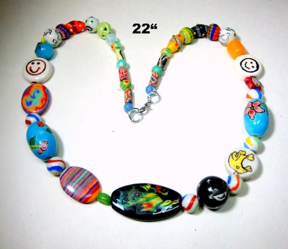 Handmade Porcelain & Glass Beads Necklace by Rachelle Starr, Hippie Boho Bead Soup, 22" Long View 2