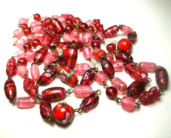 LONG Red & Pink ART Glass Bead Linked 54" Necklac… - image 6