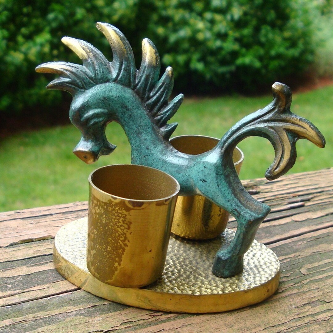 Vintage Brass Horse Toothpick Holder: Green Enamel Mohawk, Made in